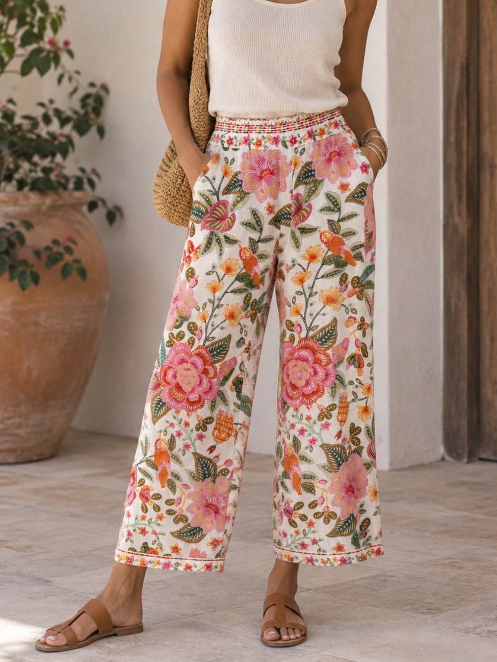 Rachel Zoe Wide-Leg Cropped Linen Pants with Pink & Green Floral Print